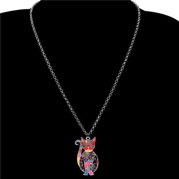 Floral Cat Necklace Enamel Kitten Pendant on Alloy Chain Jewelry for Cat Lovers - Picture 3 of 11